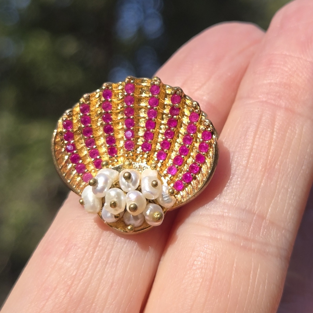 Ruby & pearl large Sterling & gold sea shell ring sz 8.25